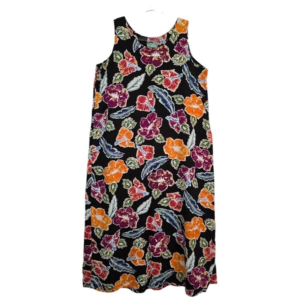 Reyn Spooner Womens L Midi Dress Black Tropical Hibiscus Floral Rayon Sleeveless